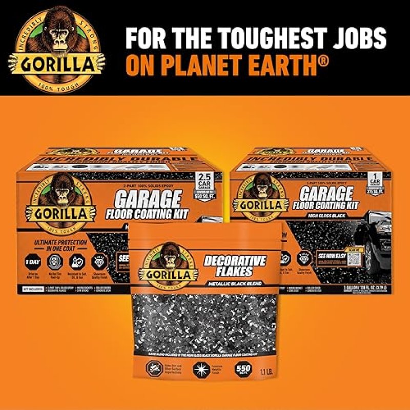 GORILLA GARAGE FLOOR COATING METALLIC BLACK FLAKES COVERS 550 SQ. FT. EPOXY CONCRETE USE