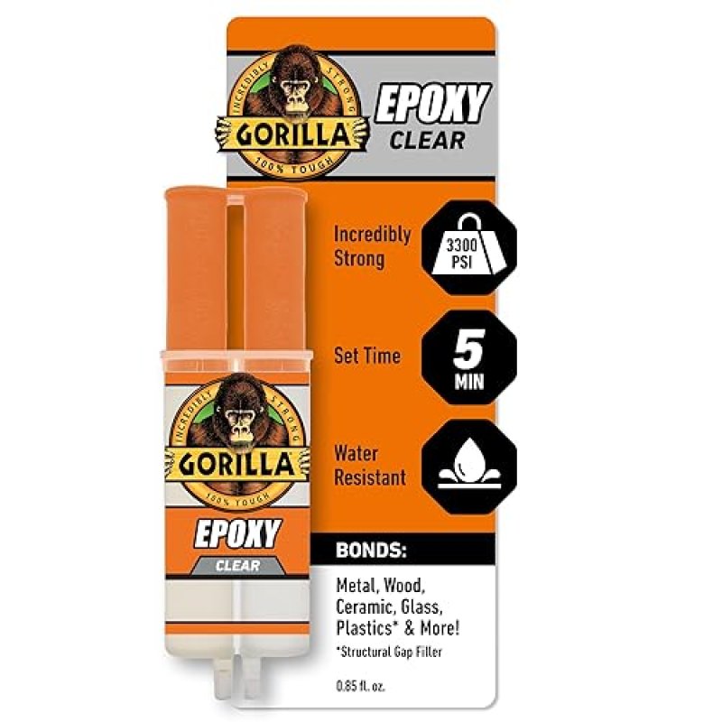 GORILLA CLEAR 2 PART EPOXY SYRINGE 0.85 OZ - 5 MINUTE SET, STRONG DURABLE BOND 1 PACK
