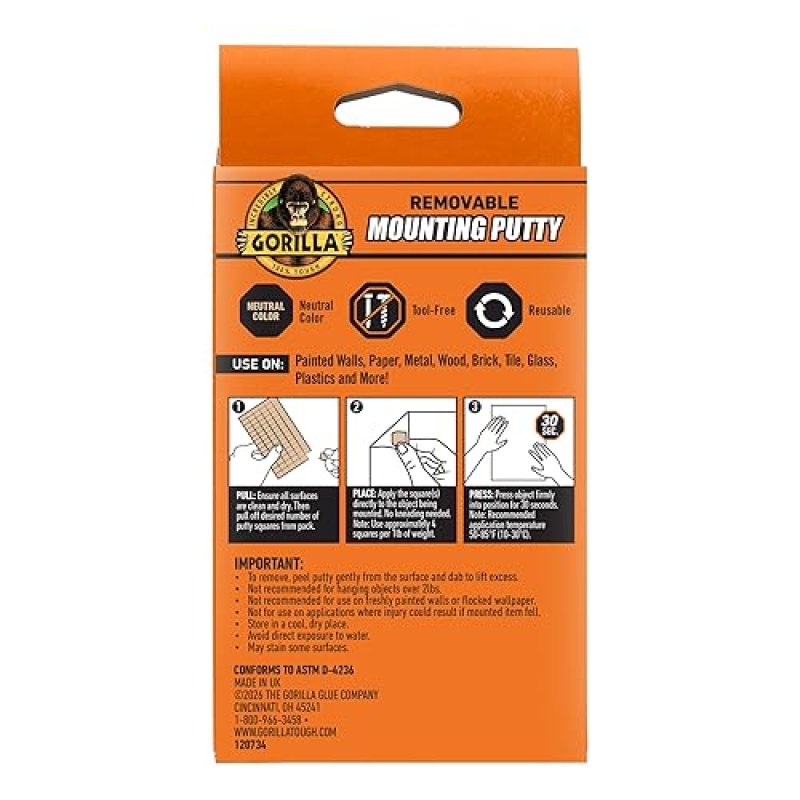 GORILLA MOUNTING PUTTY NATURAL TAN, 168 PRE-CUT SQUARES - NON-TOXIC, REMOVABLE WALL PUTTY