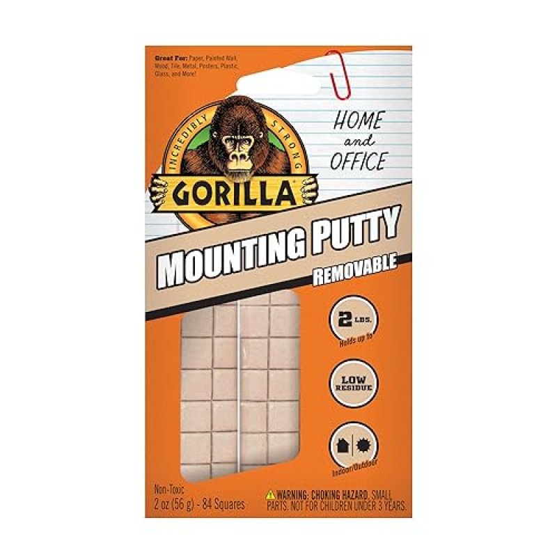 GORILLA MOUNTING PUTTY NATURAL TAN, 84 PRE-CUT SQUARES PACK OF 8 NON-TOXIC, REUSABLE WALL PUTTY