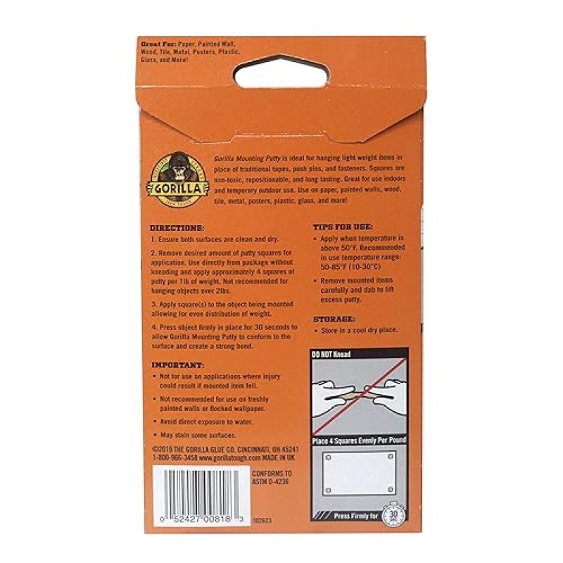 GORILLA MOUNTING PUTTY NATURAL TAN, 84 PRE-CUT SQUARES PACK OF 8 NON-TOXIC, REUSABLE WALL PUTTY
