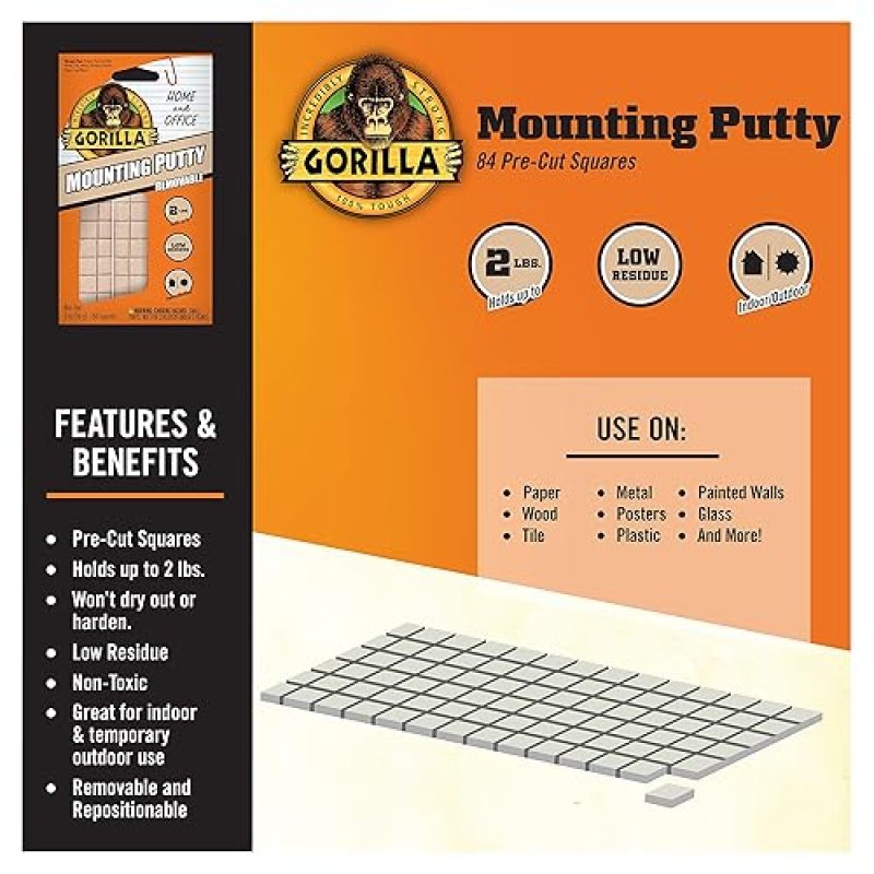 GORILLA MOUNTING PUTTY NATURAL TAN, 84 PRE-CUT SQUARES PACK OF 8 NON-TOXIC, REUSABLE WALL PUTTY