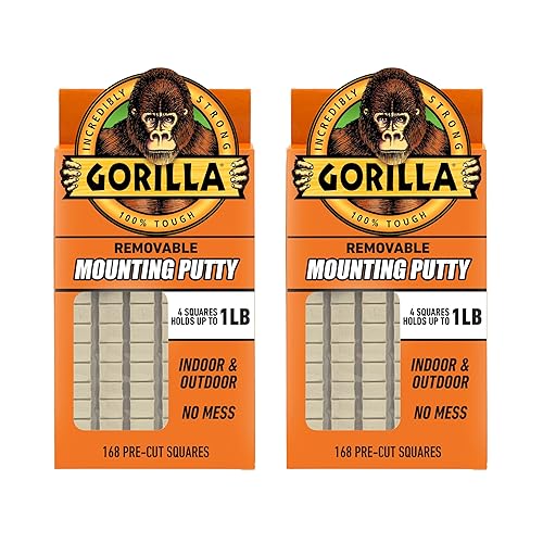 GORILLA MOUNTING PUTTY NATURAL TAN, 168 PRE-CUT SQUARES PACK OF 2 NON-TOXIC, REMOVABLE