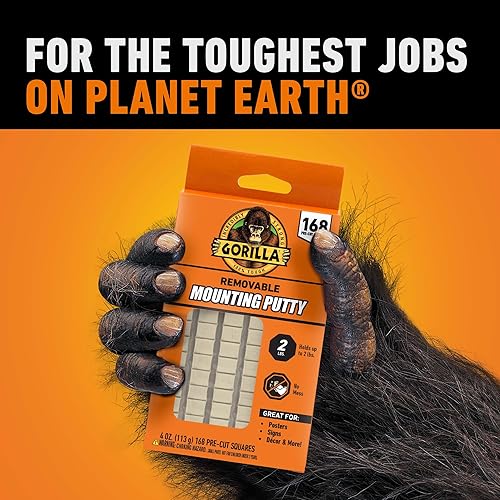 GORILLA MOUNTING PUTTY NATURAL TAN, 168 PRE-CUT SQUARES PACK OF 2 NON-TOXIC, REMOVABLE