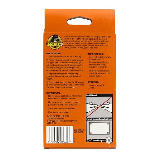 GORILLA MOUNTING PUTTY NATURAL TAN, 168 PRE-CUT SQUARES PACK OF 2 NON-TOXIC, REMOVABLE
