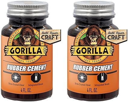 GORILLA RUBBER CEMENT 4OZ PACK OF 2 WITH BRUSH - CLEAR, NON-YELLOWING, EASY TO USE GLUE