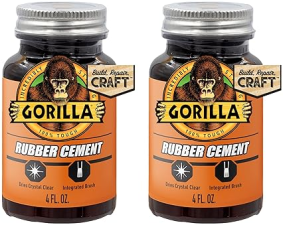 GORILLA RUBBER CEMENT 4OZ PACK OF 2 WITH BRUSH - CLEAR, NON-YELLOWING, EASY TO USE GLUE
