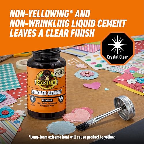 GORILLA RUBBER CEMENT 4OZ PACK OF 2 WITH BRUSH - CLEAR, NON-YELLOWING, EASY TO USE GLUE