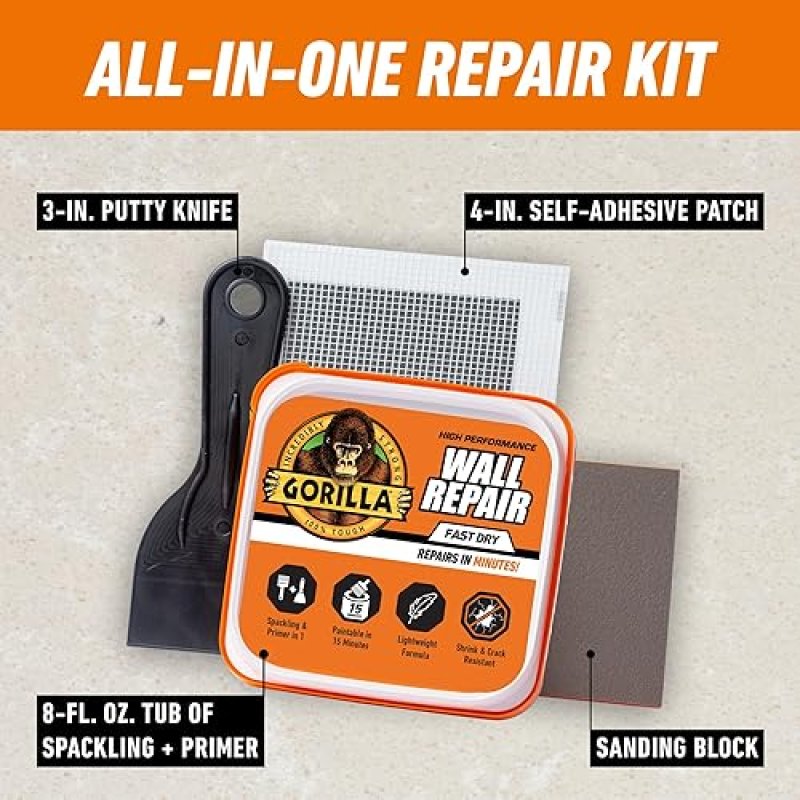 GORILLA HEAVY DUTY WALL REPAIR KIT WITH SPACKLING AND WHITE PRIMER FOR WALL FIXING