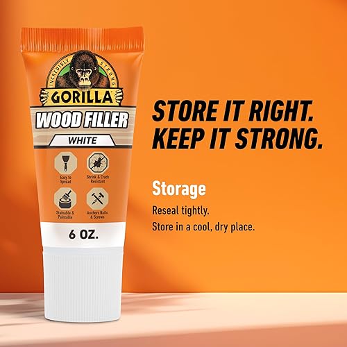 GORILLA WHITE WOOD FILLER 6OZ TUBE WATER RESISTANT ALL PURPOSE WOOD REPAIR FOR INDOOR OUTDOOR