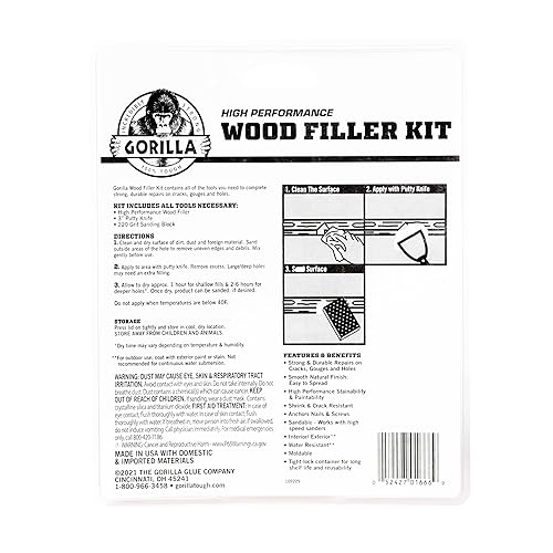 GORILLA ALL PURPOSE WOOD FILLER REPAIR KIT WITH PUTTY KNIFE AND SANDING BLOCK FOR WOOD RESTORATION