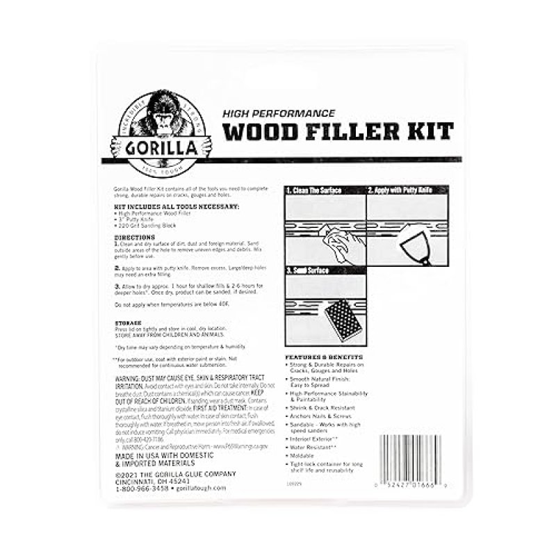 GORILLA ALL PURPOSE WOOD FILLER REPAIR KIT WITH PUTTY KNIFE AND SANDING BLOCK FOR WOOD RESTORATION