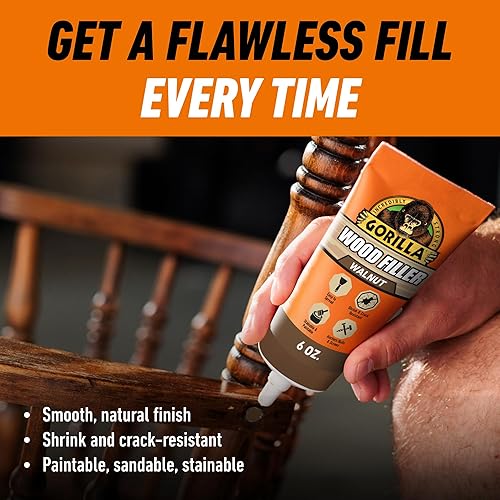 GORILLA WALNUT WOOD FILLER 6OZ TUBE WATER RESISTANT, INDOOR OUTDOOR REPAIR PASTE