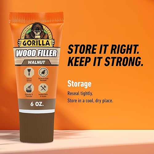 GORILLA WALNUT WOOD FILLER 6OZ TUBE WATER RESISTANT, INDOOR OUTDOOR REPAIR PASTE