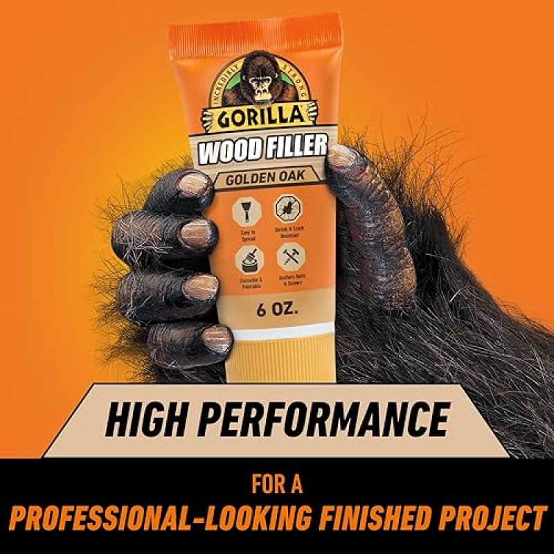 GORILLA ALL PURPOSE WOOD FILLER 6OZ GOLDEN OAK - WATER RESISTANT FOR INDOOR OUTDOOR USE