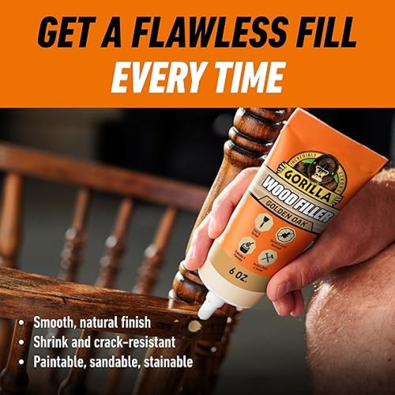 GORILLA ALL PURPOSE WOOD FILLER 6OZ GOLDEN OAK - WATER RESISTANT FOR INDOOR OUTDOOR USE