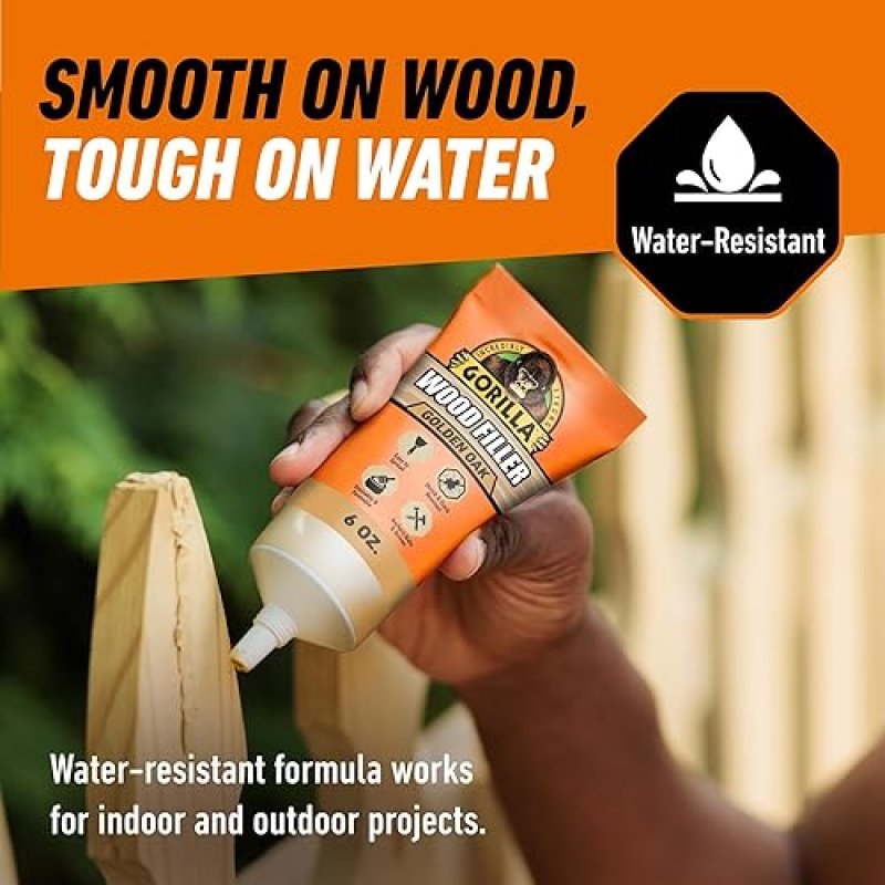 GORILLA ALL PURPOSE WOOD FILLER 6OZ GOLDEN OAK - WATER RESISTANT FOR INDOOR OUTDOOR USE