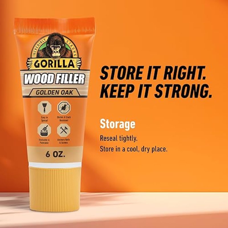 GORILLA ALL PURPOSE WOOD FILLER 6OZ GOLDEN OAK - WATER RESISTANT FOR INDOOR OUTDOOR USE