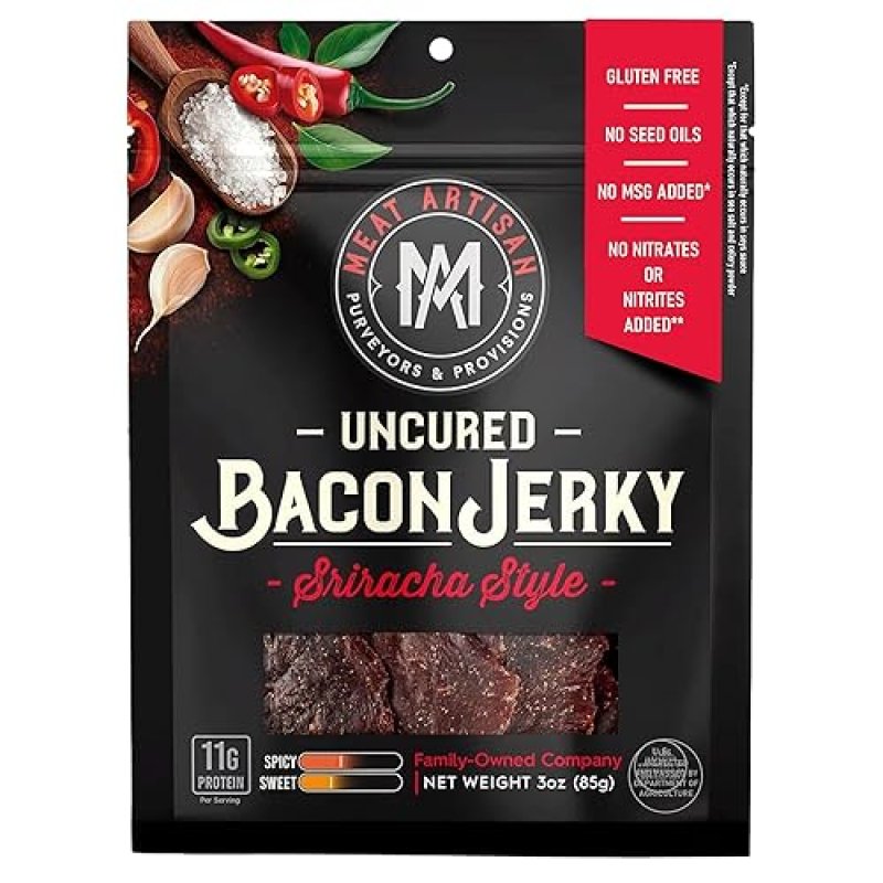 MEAT ARTISAN SRIRACHA UNCURED BACON JERKY - GLUTEN FREE, NO MSG, NO NITRATES - 3OZ GIFT
