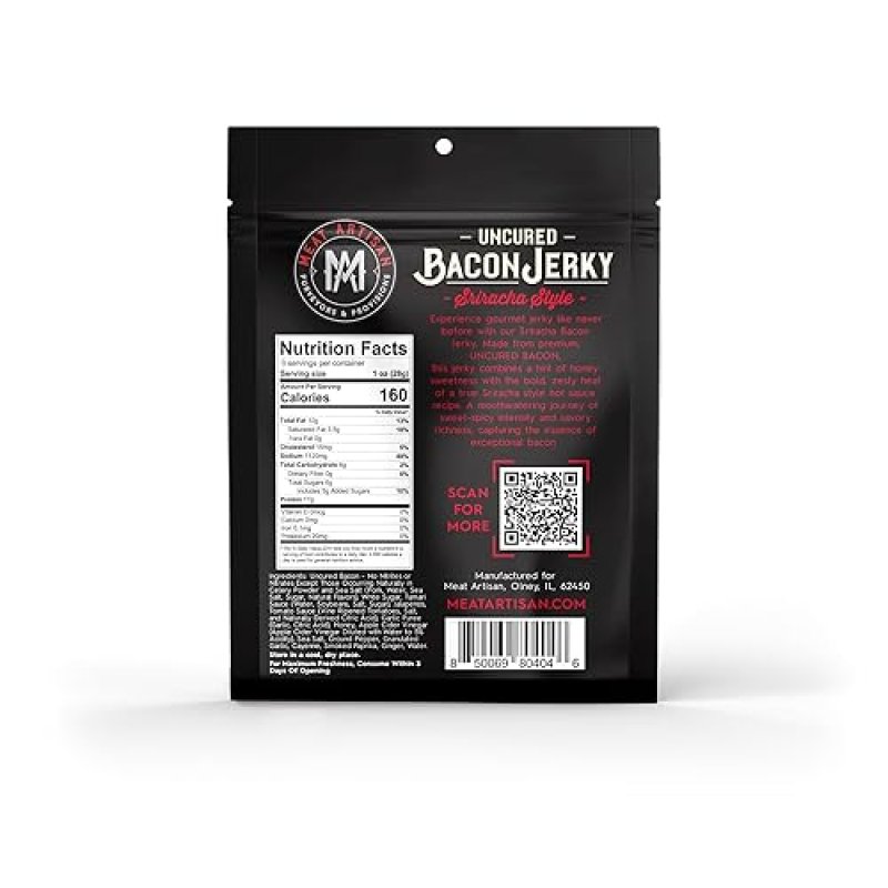 MEAT ARTISAN SRIRACHA UNCURED BACON JERKY - GLUTEN FREE, NO MSG, NO NITRATES - 3OZ GIFT