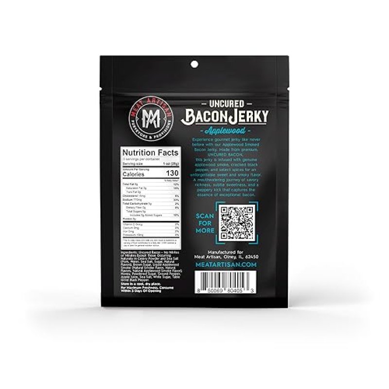 MEAT ARTISAN APPLEWOOD SMOKED UNCURED BACON JERKY - GLUTEN FREE, NO MSG, NO NITRATES - 3OZ GOURMET SNACK