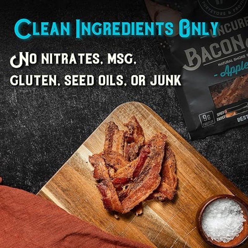 MEAT ARTISAN APPLEWOOD SMOKED UNCURED BACON JERKY - GLUTEN FREE, NO MSG, NO NITRATES - 3OZ GOURMET SNACK