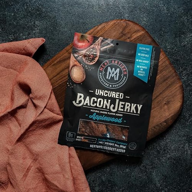 MEAT ARTISAN APPLEWOOD SMOKED UNCURED BACON JERKY - GLUTEN FREE, NO MSG, NO NITRATES - 3OZ GOURMET SNACK
