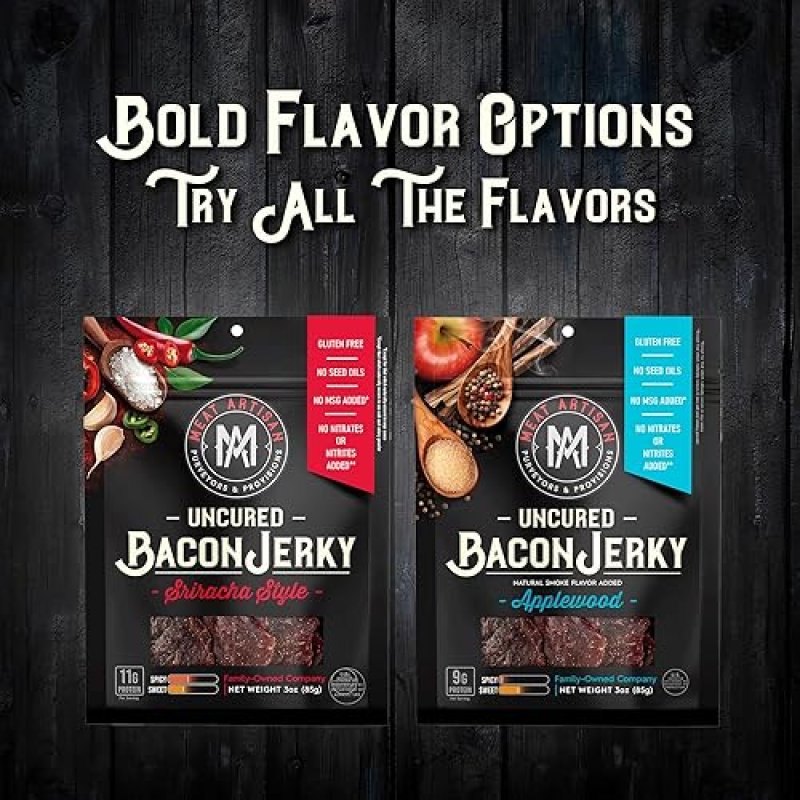 MEAT ARTISAN APPLEWOOD SMOKED UNCURED BACON JERKY - GLUTEN FREE, NO MSG, NO NITRATES - 3OZ GOURMET SNACK