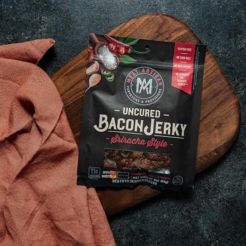 MEAT ARTISAN SRIRACHA UNCURED BACON JERKY - GLUTEN FREE, NO MSG, NO NITRATES - 3OZ GOURMET SNACK