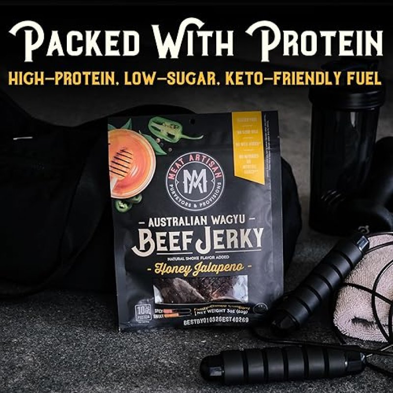 MEAT ARTISAN AUSTRALIAN WAGYU HONEY JALAPEñO BEEF JERKY - HIGH PROTEIN, GLUTEN-FREE, NO MSG, 3OZ