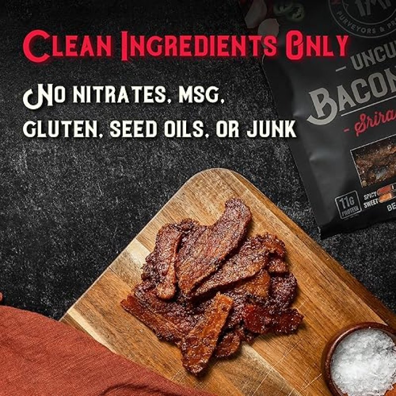 MEAT ARTISAN SRIRACHA APPLEWOOD SMOKED BACON JERKY - GLUTEN FREE, NO MSG, NO NITRATES, 3OZ
