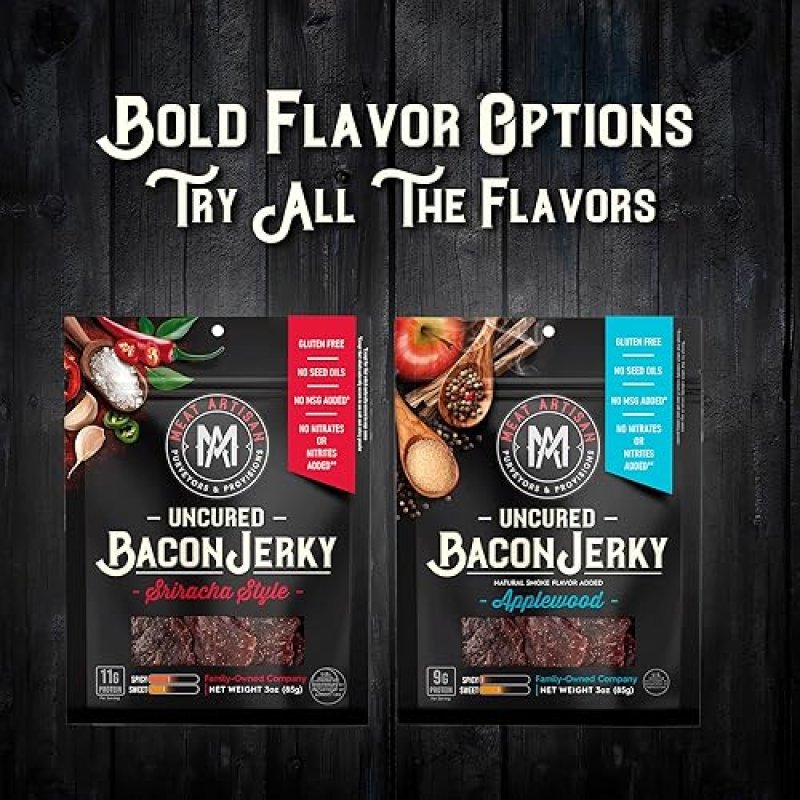 MEAT ARTISAN SRIRACHA APPLEWOOD SMOKED BACON JERKY - GLUTEN FREE, NO MSG, NO NITRATES, 3OZ