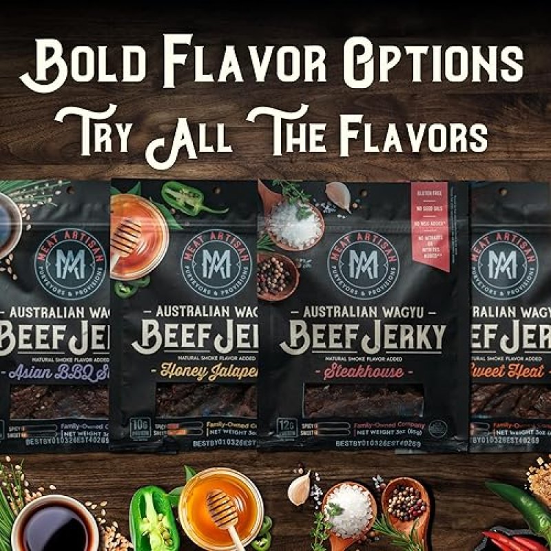 MEAT ARTISAN AUSTRALIAN WAGYU BEEF JERKY ASIAN BBQ - HIGH PROTEIN, GLUTEN FREE, NO MSG, 3OZ GOURMET SNACK