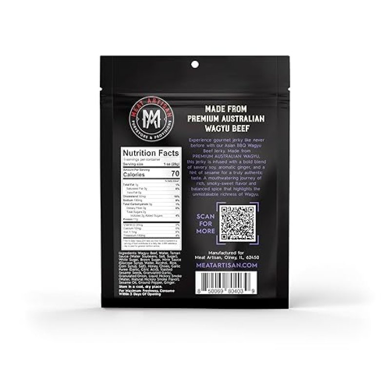 MEAT ARTISAN AUSTRALIAN WAGYU BEEF JERKY ASIAN BBQ STYLE - HIGH PROTEIN, GLUTEN-FREE, NO MSG, 3OZ