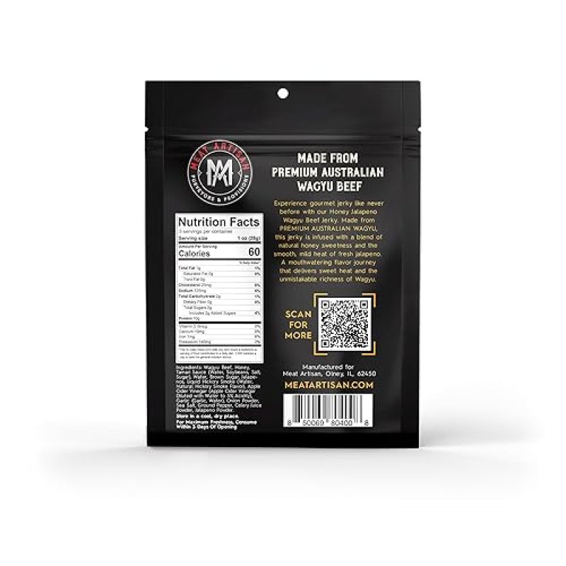 MEAT ARTISAN AUSTRALIAN WAGYU BEEF JERKY HONEY JALAPEñO - HIGH PROTEIN, GLUTEN FREE, NO MSG, 3OZ