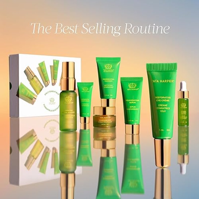 TATA HARPER DAILY ESSENTIALS SKINCARE SET TRAVEL SIZE 7-STEP NATURAL SKINCARE ROUTINE