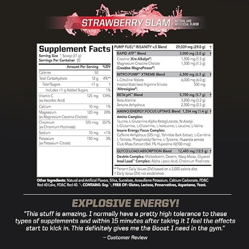 PMD SPORTS PUMP FUEL ULTRA INSANITY PRE WORKOUT POWDER FOCUS, ENDURANCE RECOVERY, STRAWBERRY