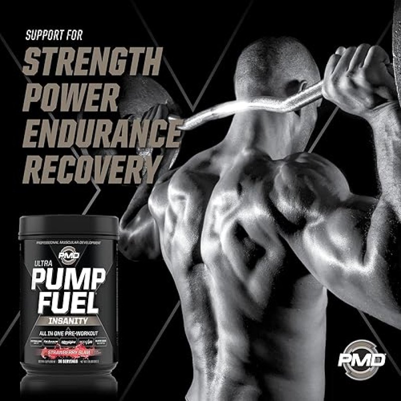 PMD SPORTS PUMP FUEL ULTRA INSANITY PRE WORKOUT POWDER FOCUS, ENDURANCE RECOVERY, STRAWBERRY