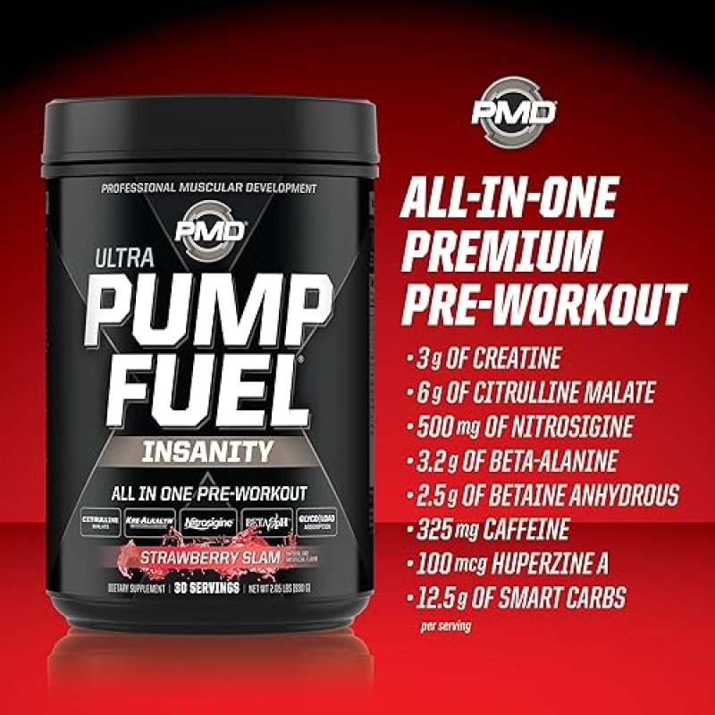 PMD SPORTS PUMP FUEL ULTRA INSANITY PRE WORKOUT POWDER FOCUS, ENDURANCE RECOVERY, STRAWBERRY
