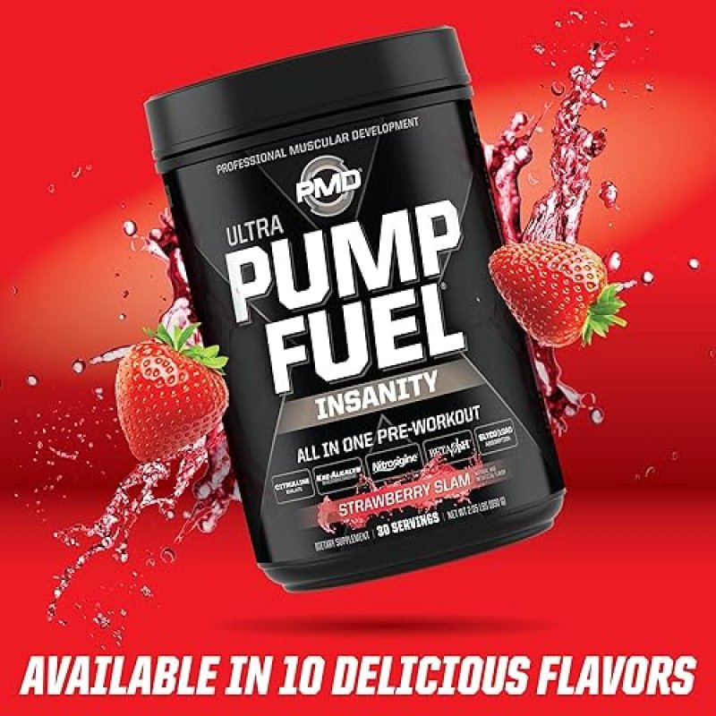 PMD SPORTS PUMP FUEL ULTRA INSANITY PRE WORKOUT POWDER FOCUS, ENDURANCE RECOVERY, STRAWBERRY