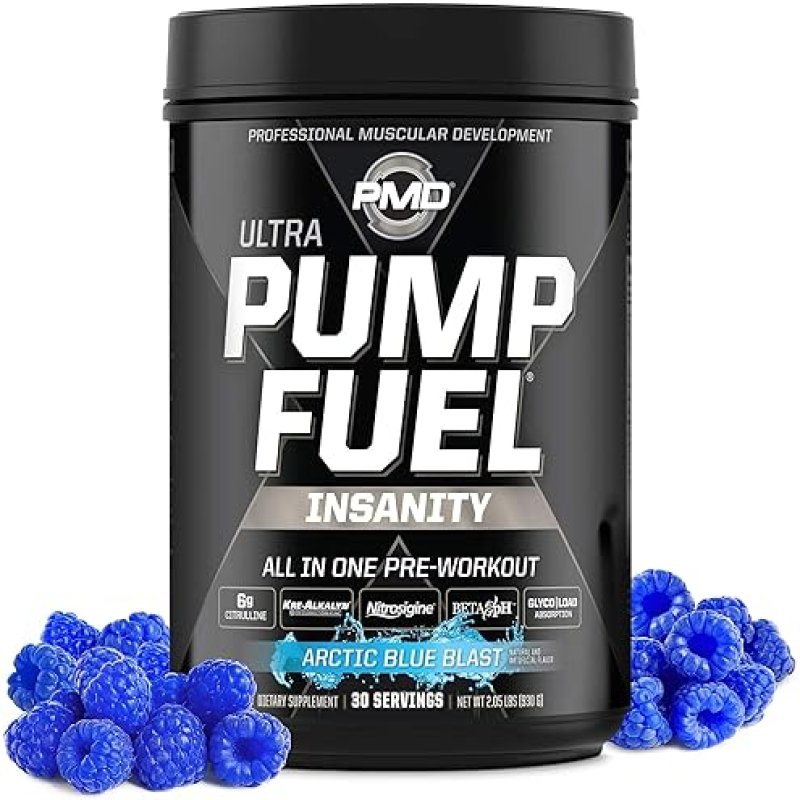 PMD SPORTS PUMP FUEL ULTRA INSANITY PRE WORKOUT POWDER - FOCUS, ENDURANCE RECOVERY, ARCTIC BLUE