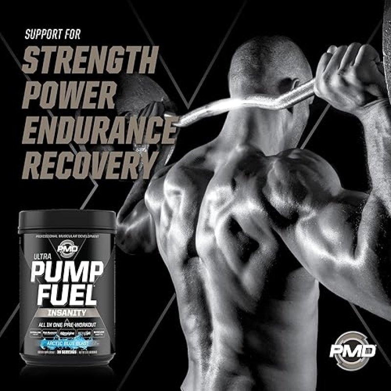 PMD SPORTS PUMP FUEL ULTRA INSANITY PRE WORKOUT POWDER - FOCUS, ENDURANCE RECOVERY, ARCTIC BLUE