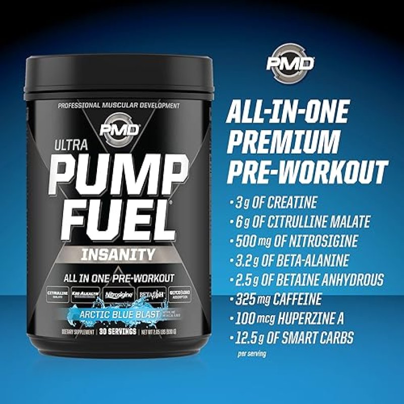 PMD SPORTS PUMP FUEL ULTRA INSANITY PRE WORKOUT POWDER - FOCUS, ENDURANCE RECOVERY, ARCTIC BLUE