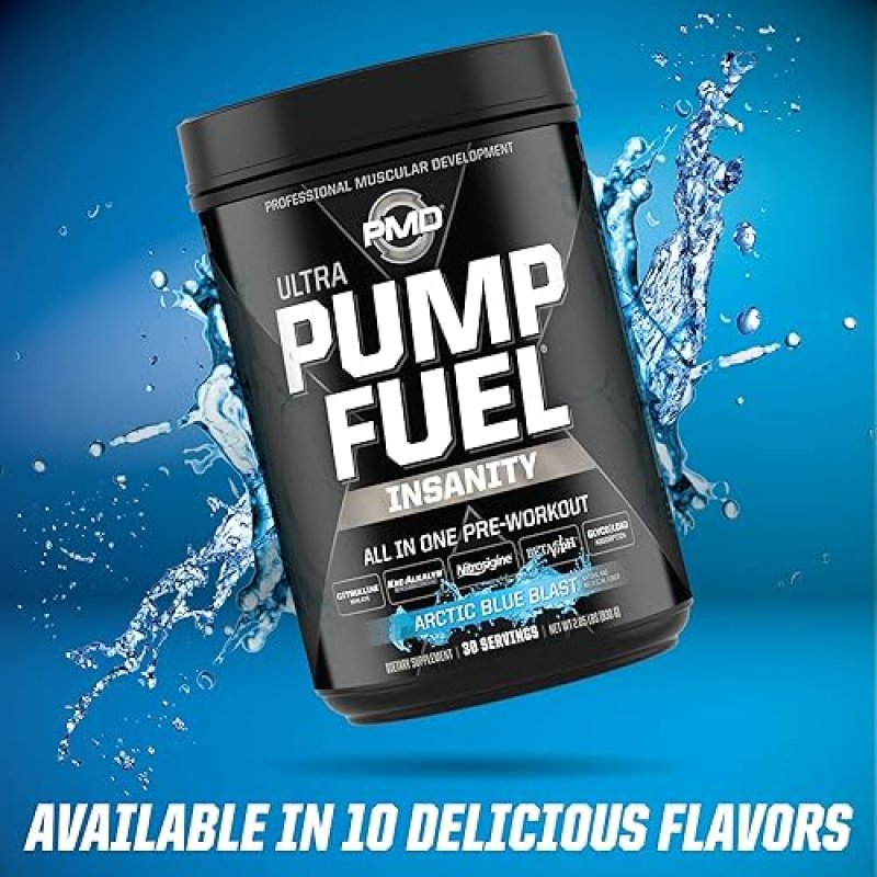 PMD SPORTS PUMP FUEL ULTRA INSANITY PRE WORKOUT POWDER - FOCUS, ENDURANCE RECOVERY, ARCTIC BLUE