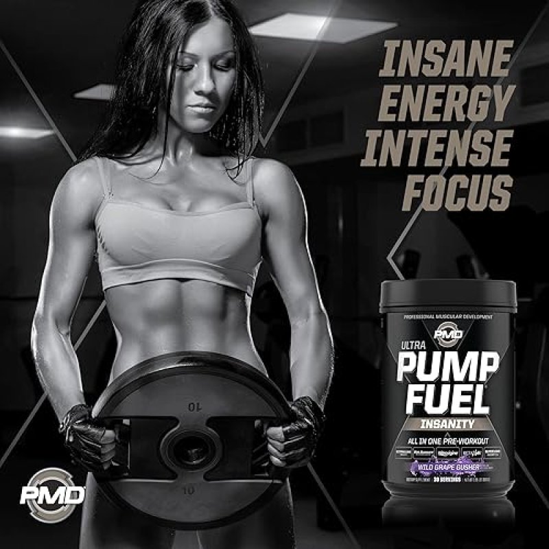 PMD SPORTS PUMP FUEL ULTRA INSANITY PRE WORKOUT POWDER FOCUS, ENDURANCE RECOVERY, WILD GRAPE