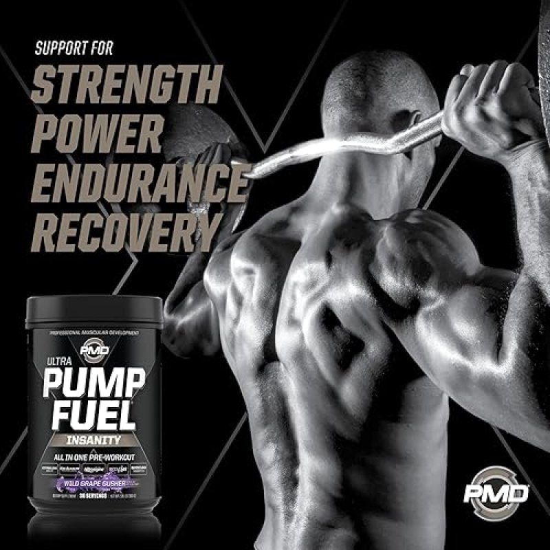 PMD SPORTS PUMP FUEL ULTRA INSANITY PRE WORKOUT POWDER FOCUS, ENDURANCE RECOVERY, WILD GRAPE