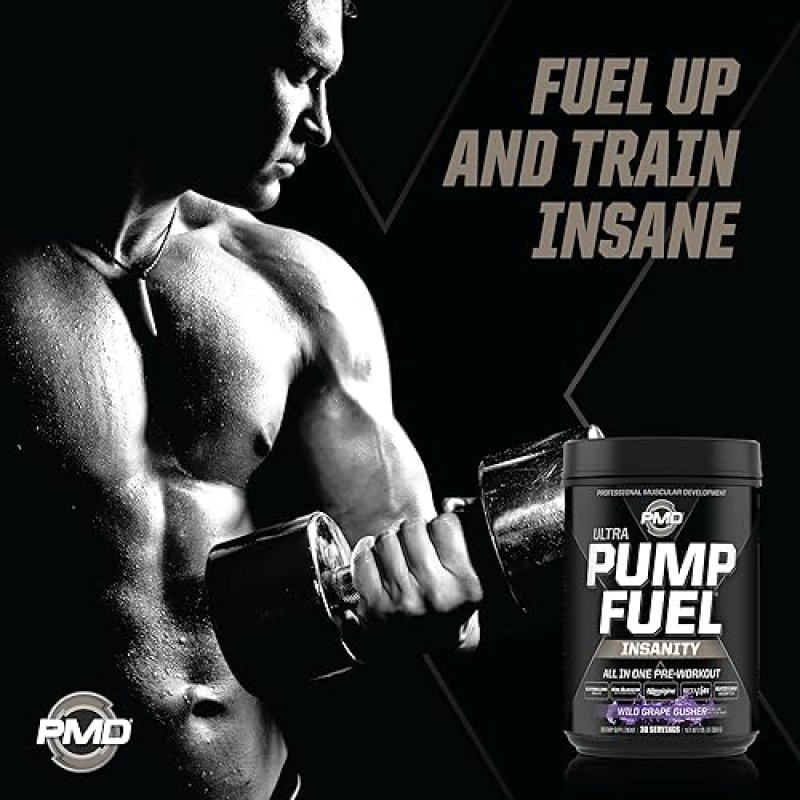 PMD SPORTS PUMP FUEL ULTRA INSANITY PRE WORKOUT POWDER FOCUS, ENDURANCE RECOVERY, WILD GRAPE