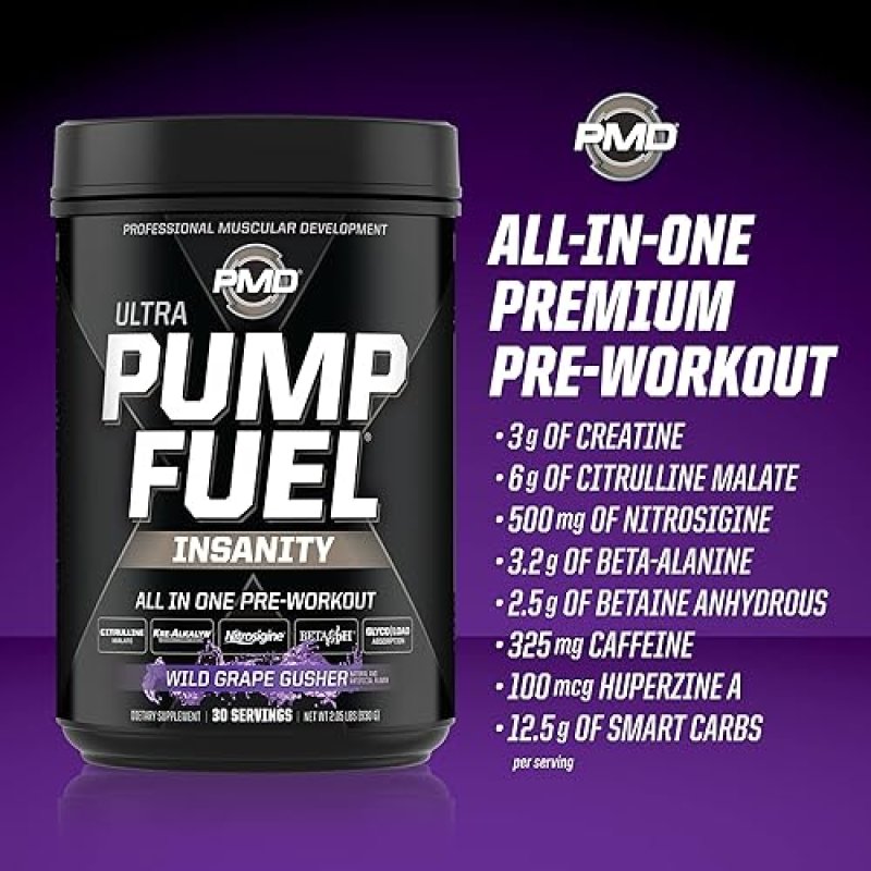 PMD SPORTS PUMP FUEL ULTRA INSANITY PRE WORKOUT POWDER FOCUS, ENDURANCE RECOVERY, WILD GRAPE