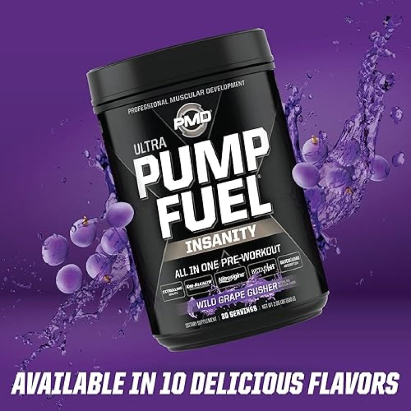 PMD SPORTS PUMP FUEL ULTRA INSANITY PRE WORKOUT POWDER FOCUS, ENDURANCE RECOVERY, WILD GRAPE