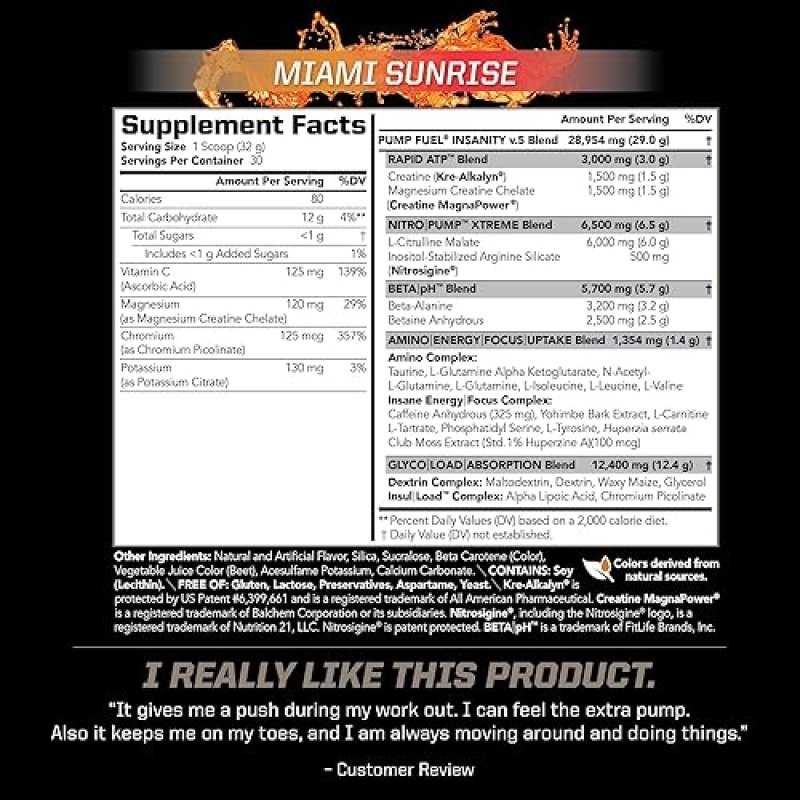 PMD SPORTS PUMP FUEL ULTRA INSANITY PRE WORKOUT POWDER FOCUS, ENDURANCE RECOVERY, 30 SERVINGS